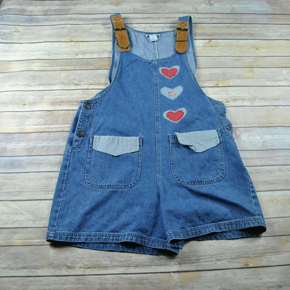 Vintage Pants - Vintage Heart Patch Slouchy Denim Overalls